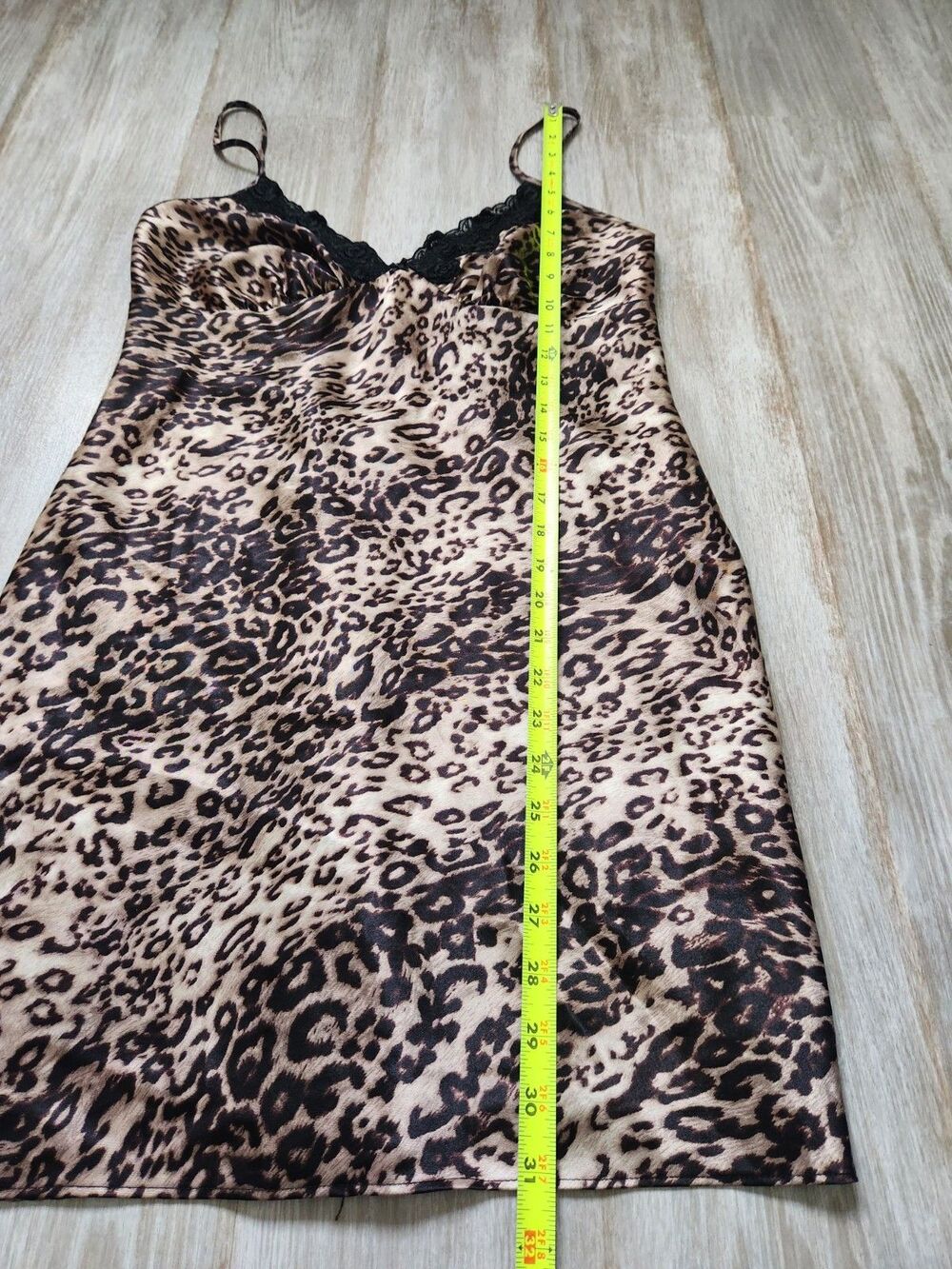 VTG Secret Treasures Leopard Satin Lace Trim Strappy Back Mini Slip Sz S EUC - Picture 10 of 12